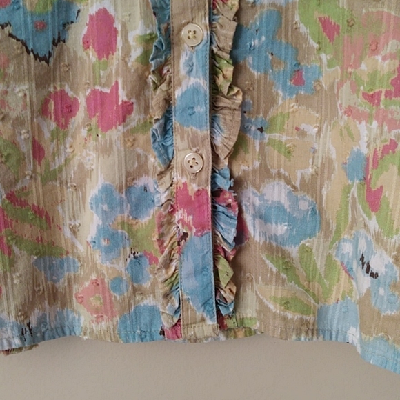IB Diffusion Floral Ruffle Swiss Dot Button Down Top L Pink Mauve Blue - Picture 7 of 16